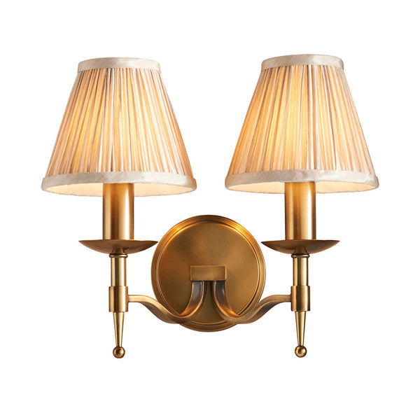 Endon Stanford 2 Light Antique Brass Twin Wall Light with Beige Organza-Effect Shades – Elegant Dimmable E14 LED-Compatible Traditional Sconce, Ideal for Classic Living Rooms, Bedrooms & Hallways