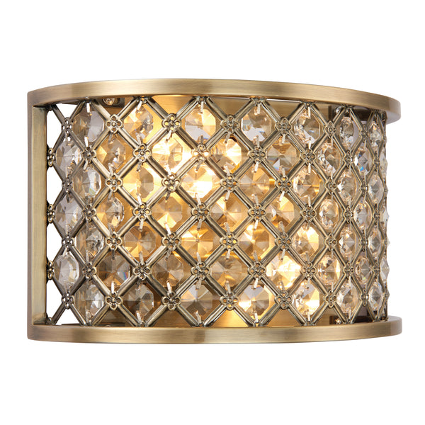 Hudson 2 Light Wall Sconce in Antique Brass with Clear Crystal Beads – Elegant Dimmable Wall Light for Classic & Modern Interiors.