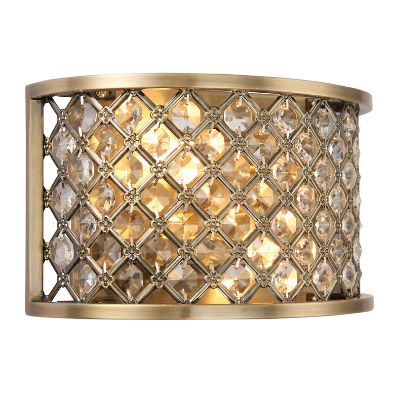 Hudson 2 Light Wall Sconce in Antique Brass with Clear Crystal Beads – Elegant Dimmable Wall Light for Classic & Modern Interiors.