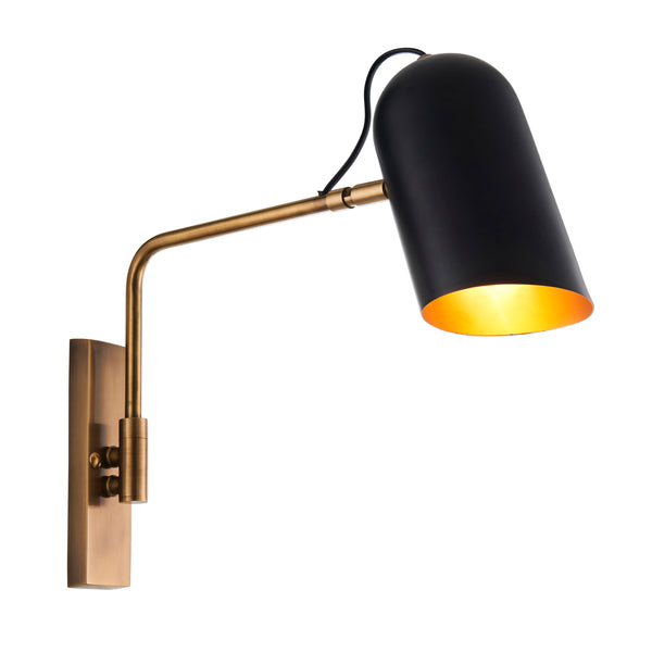 Navren Swing Arm Wall Light in Antique Brass & Matte Black – Industrial Retro-Style Adjustable Wall Sconce for Bedside or Task Lighting.