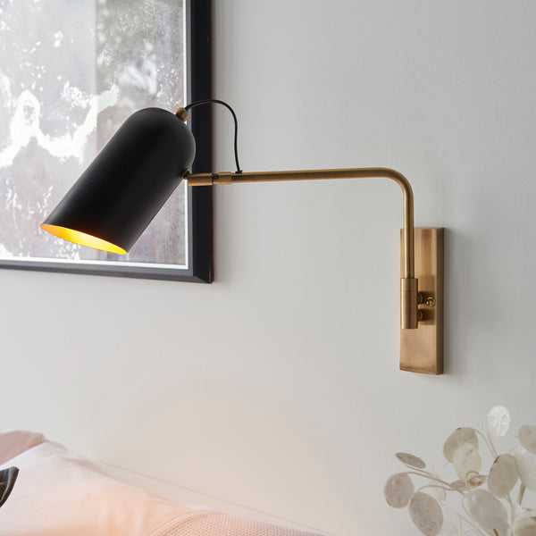 Navren Swing Arm Wall Light in Antique Brass & Matte Black Shade