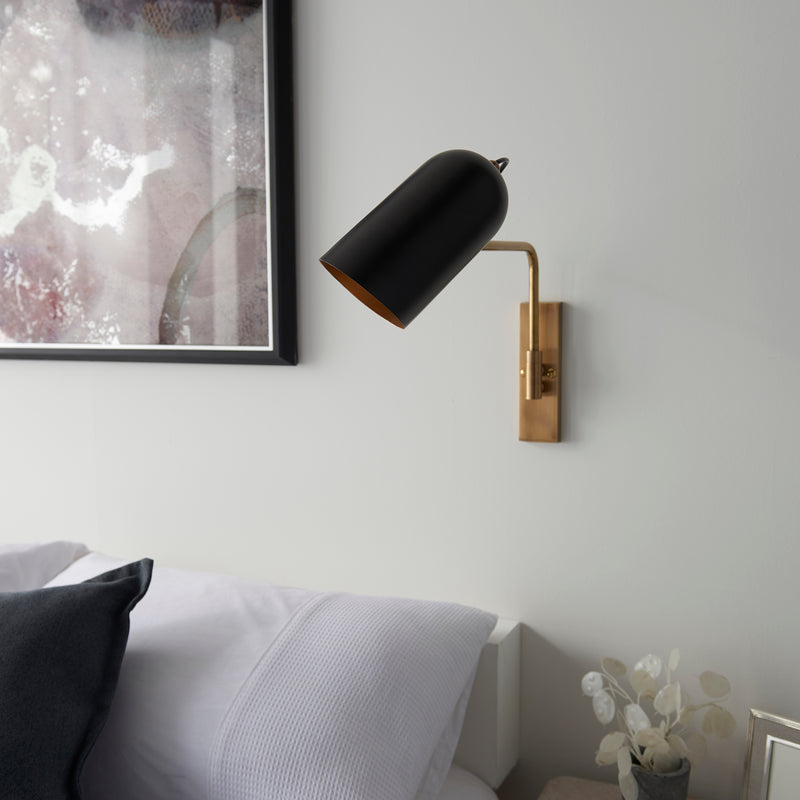 Navren Swing Arm Wall Light in Antique Brass & Matte Black Shade