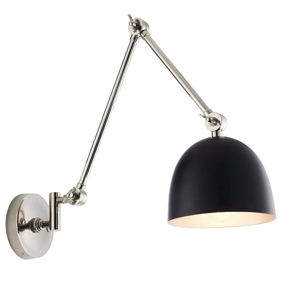 Lehal Swing Arm Wall Light in Polished Nickel with Matt Black Shade – Industrial Adjustable Wall Light for Bedrooms & Workspaces.