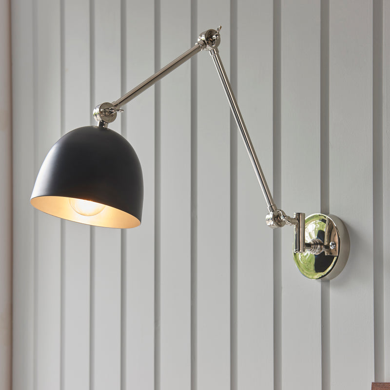 Lehal Swing Arm Wall Light in Polished Nickel with Matt Black Shade