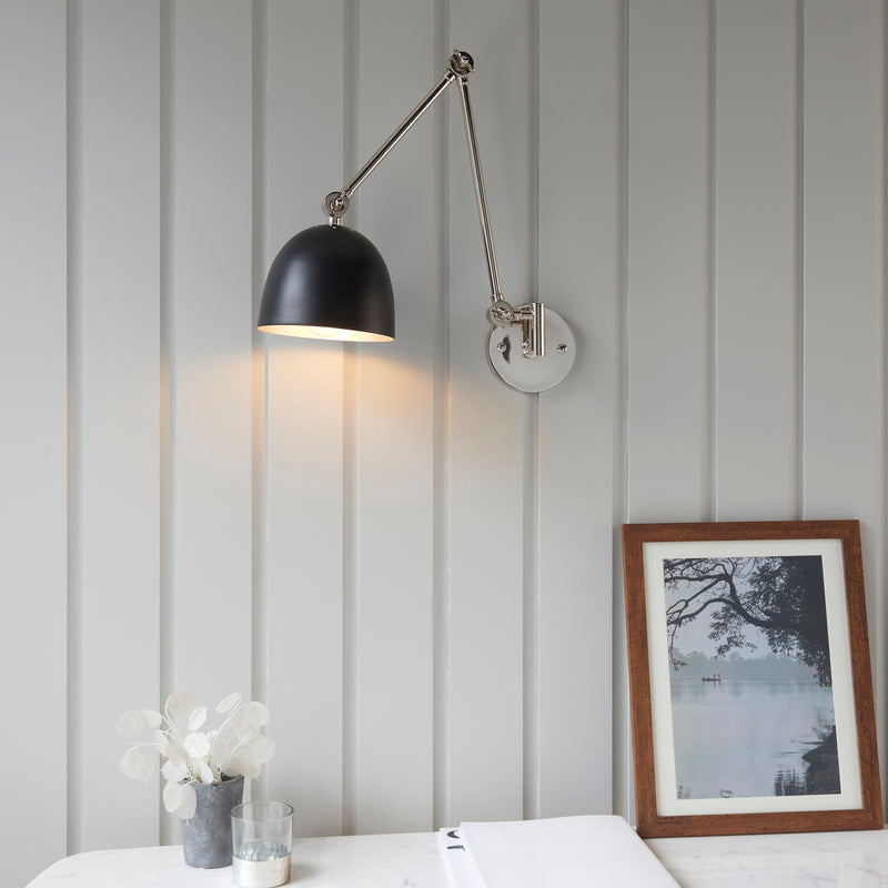 Lehal Swing Arm Wall Light in Polished Nickel with Matt Black Shade