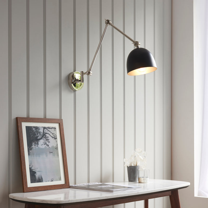 Lehal Swing Arm Wall Light in Polished Nickel with Matt Black Shade