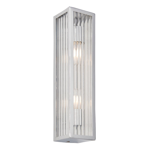 Newham 2 Light Bathroom Wall Light in Chrome with Clear Ribbed Glass – Modern IP44-Rated Bathroom Sconce, Dimmable & LED Compatible.