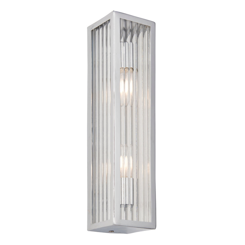 Newham 2 Light Bathroom Wall Light in Chrome with Clear Ribbed Glass – Modern IP44-Rated Bathroom Sconce, Dimmable & LED Compatible.