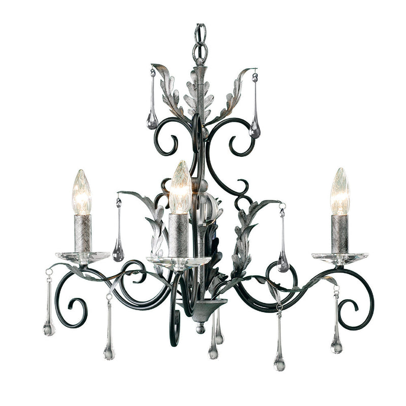 Elstead Amarilli 3 Light Chandelier - Black/Silver  This Elstead Amarilli black and silver 3-light chandelier is made in Britain and boasts traditionally hand-forged scrolls, antiqued oak leaves, clear glass drops, and cut-glass sconces.