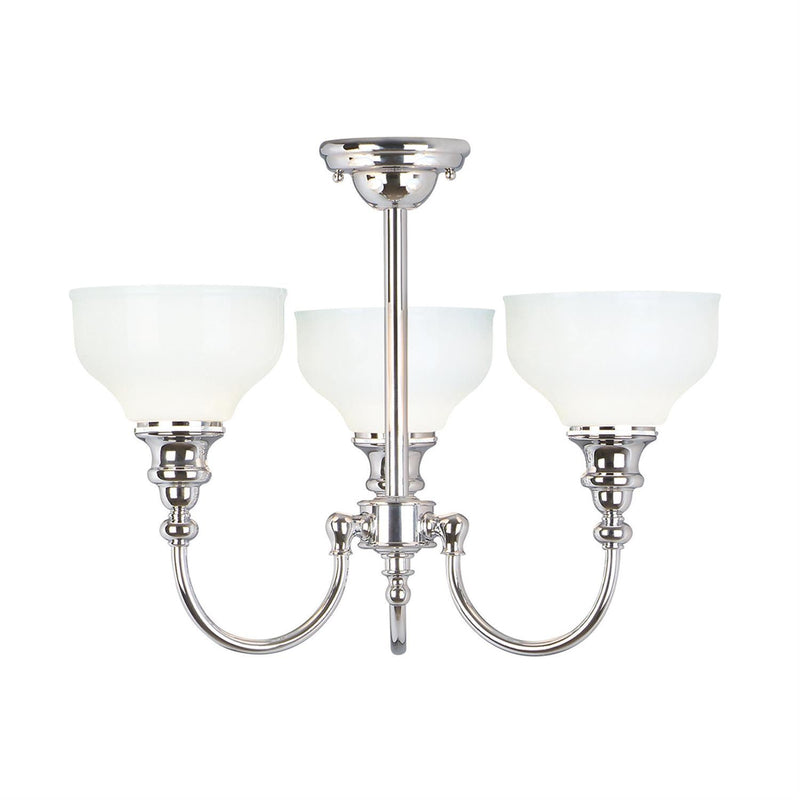 The Elstead Cheadle bathroom 3 light chandeliers in polished chrome finish and rated IP44 boasting traditional period style and opal white glass shades. Featuring a circular ceiling mount and rod suspension, with three curved arms and upward-facing opal white glass bowl shades.