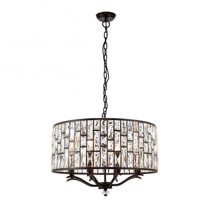 Endon The Belle 8 light pendant mixes high quality faceted clear crystals, arranged in a striking tiered pattern, with an understated dark bronze effect finish. Once lit each crystal combines to create an intensified decorative light effect. Perfect for timeless classic interiors.