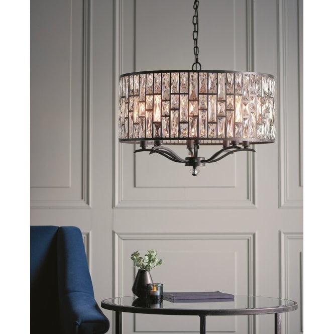 Endon The Belle 8 light pendant mixes high quality faceted clear crystals, arranged in a striking tiered pattern, with an understated dark bronze effect finish. Once lit each crystal combines to create an intensified decorative light effect. Perfect for timeless classic interiors.