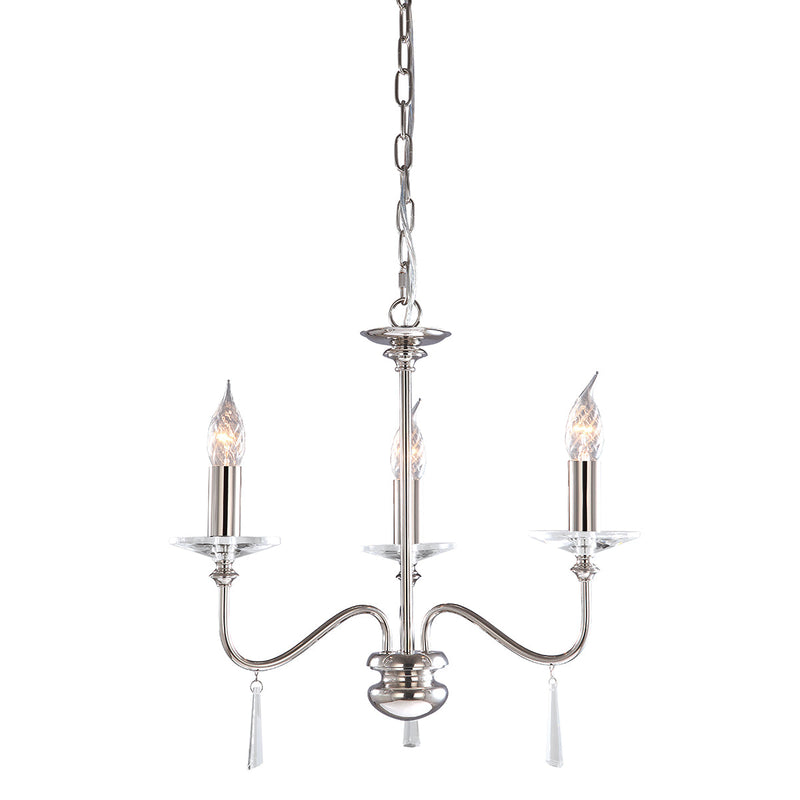 The Elstead Finsbury Park small three-light chandelier finished in polished nickel, a stunning traditional chandelier, with graceful upswept curved arms. Heavy-cut clear glass sconces, hand-cut glass drops, and matching candle tubes complete this classic light fitting. 