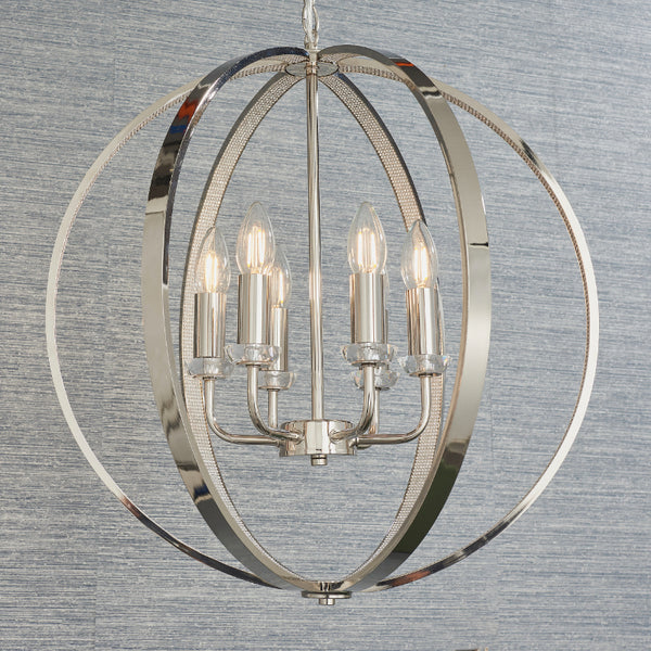 Endon 6 light Ritz pendant candle globe chandelier finished in polished nickel product code 8508 