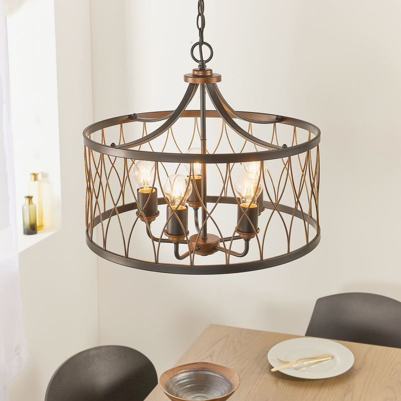 light drum pendant multi arm chandleier finished in matt black with a rustic bronze effect by end on lighting product code 61498