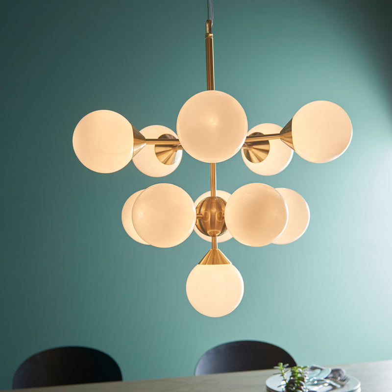 Endon Oscar 11 Light 76500 Chandelier Finished In Brushed Brass With White Glass Shades £189.99