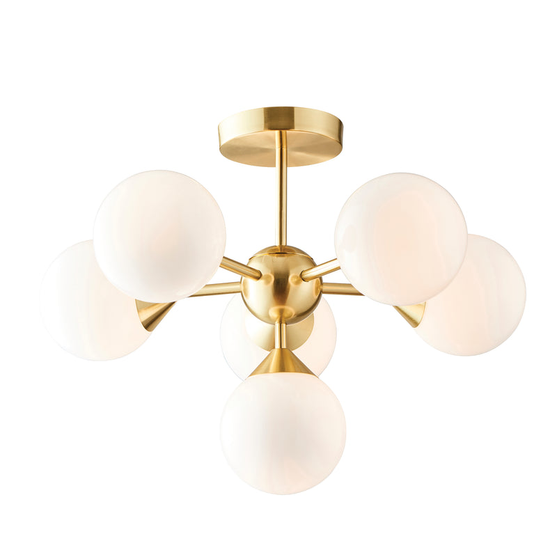 Endon Oscar 6 Light Semi Flush 76501 Chandelier Finished In Brushed Brass With White Glass Shades