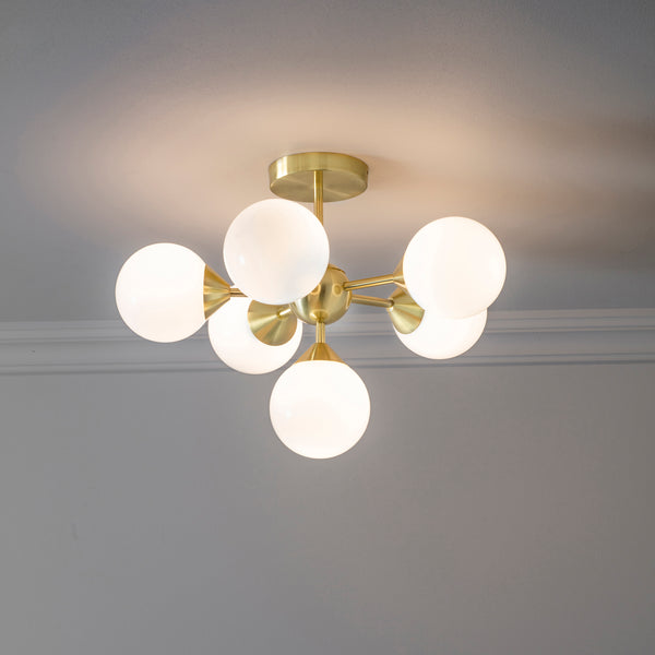 Endon Oscar 6 Light Semi Flush 76501 Chandelier Finished In Brushed Brass With White Glass Shades