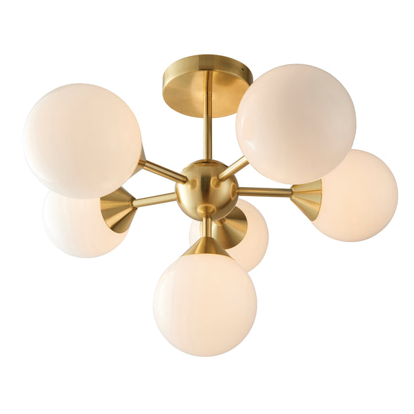 Endon Oscar 6 Light Semi Flush 76501 Chandelier Finished In Brushed Brass With White Glass Shades