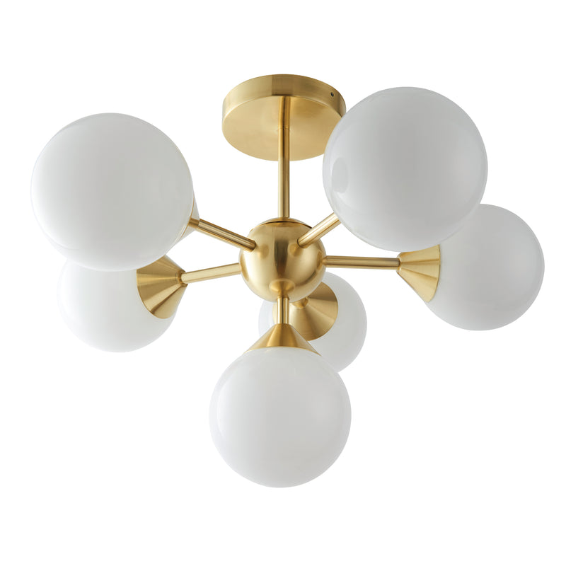 Endon Oscar 6 Light Semi Flush 76501 Chandelier Finished In Brushed Brass With White Glass Shades