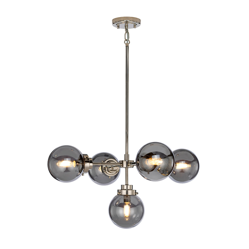 This Elstead Kula polished nickel 5 light chandelier with mirror globe shades is contemporary and stylish. Circular mount, sectional rod suspension, and 67cm diameter body. Five polished nickel arms lead to Deco-style smoked mirrored globe shades that become semi-transparent when lit. Modern affordable luxury for your home.
